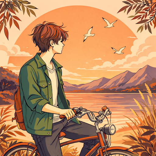 Anime boy riding a bicycle by the lake at sunset