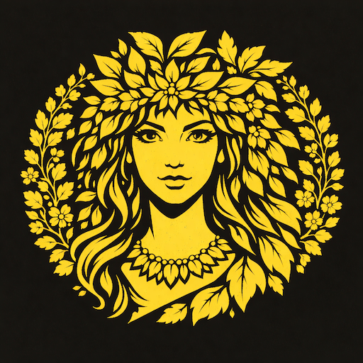 Golden woman face illustration with laurel leaves