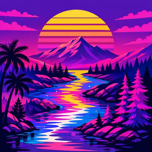 Retro sunset landscape with palm trees and mountains